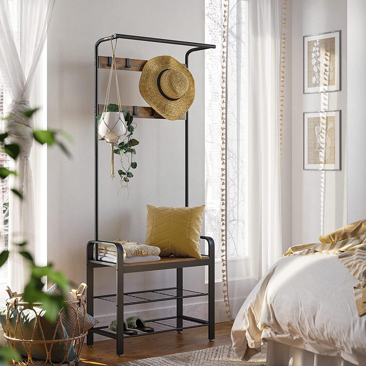 Perchero ANITA, 72x33x183 cm, con Estantes, en Metal y Madera, color Negro y Marrón Oscuro