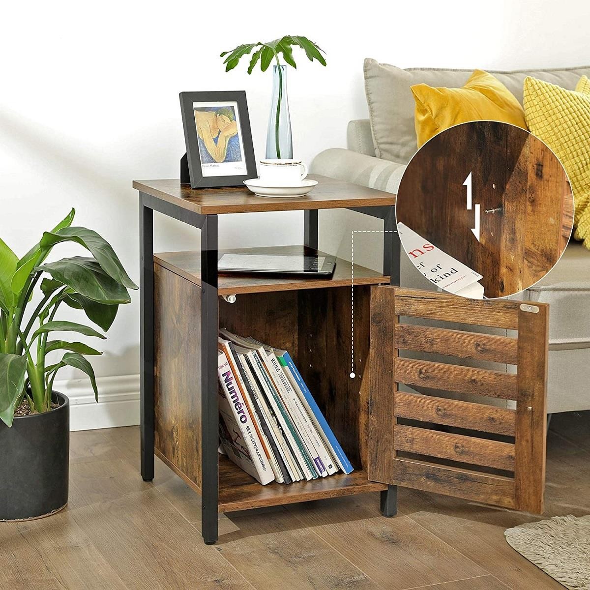 Mesa Auxiliar STAY, Dimensiones 40x40x60 cm, en Metal y Madera, color Negro y Marrón Oscuro