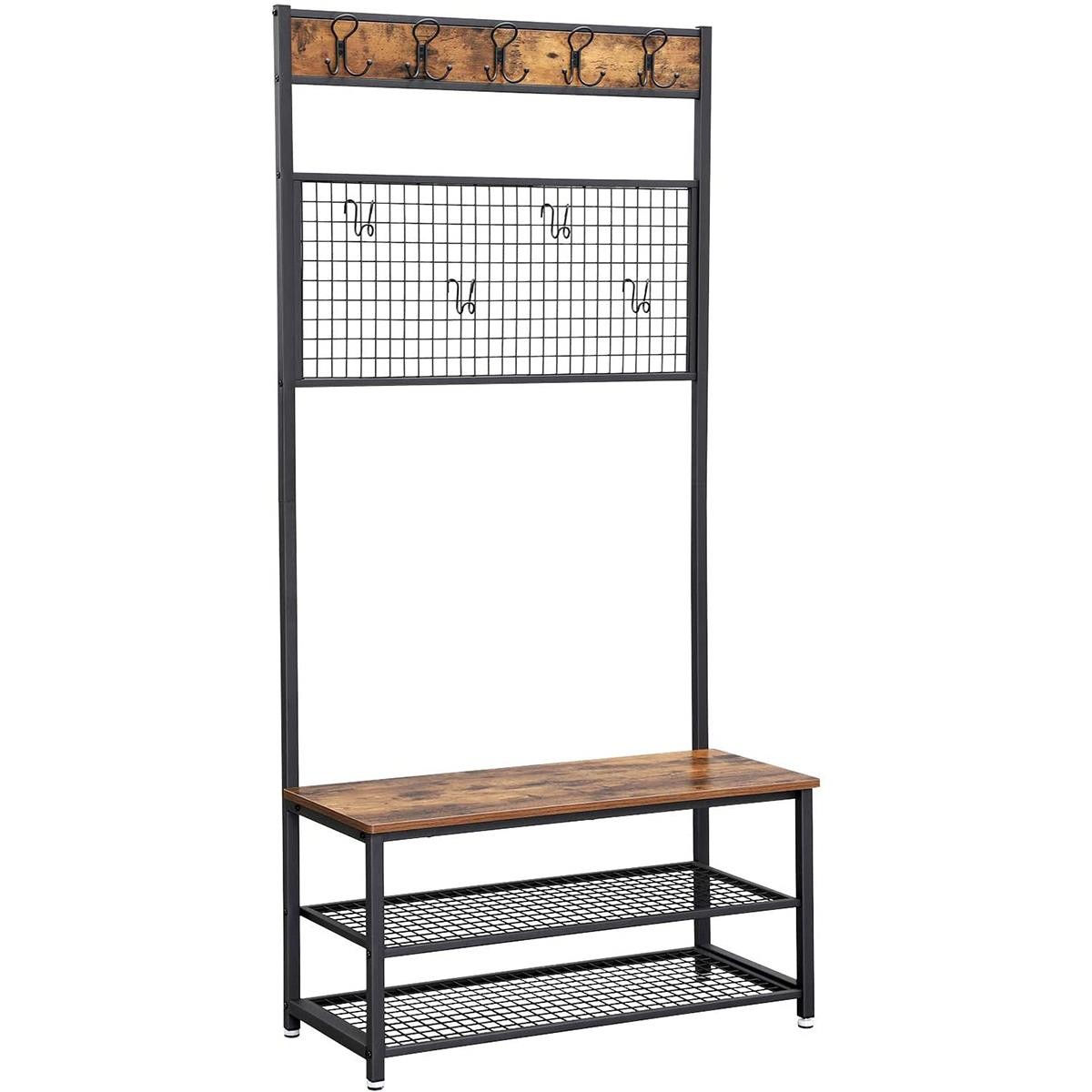Perchero OMERA, 91x41x186 cm, con Estantes, en Metal y Madera, color Negro y Marrón Oscuro