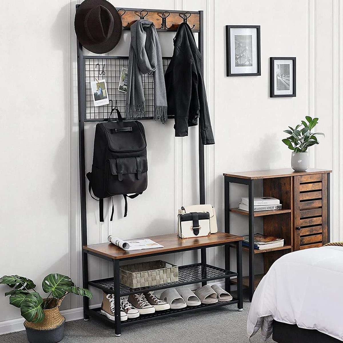 Perchero OMERA, 91x41x186 cm, con Estantes, en Metal y Madera, color Negro y Marrón Oscuro