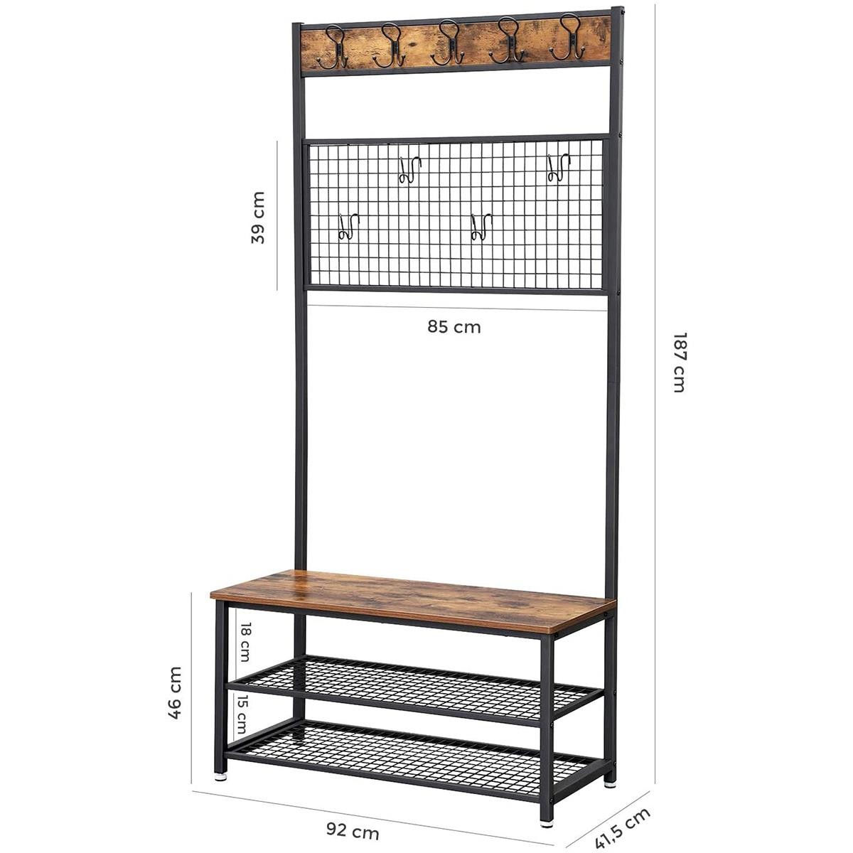 Perchero OMERA, 91x41x186 cm, con Estantes, en Metal y Madera, color Negro y Marrón Oscuro
