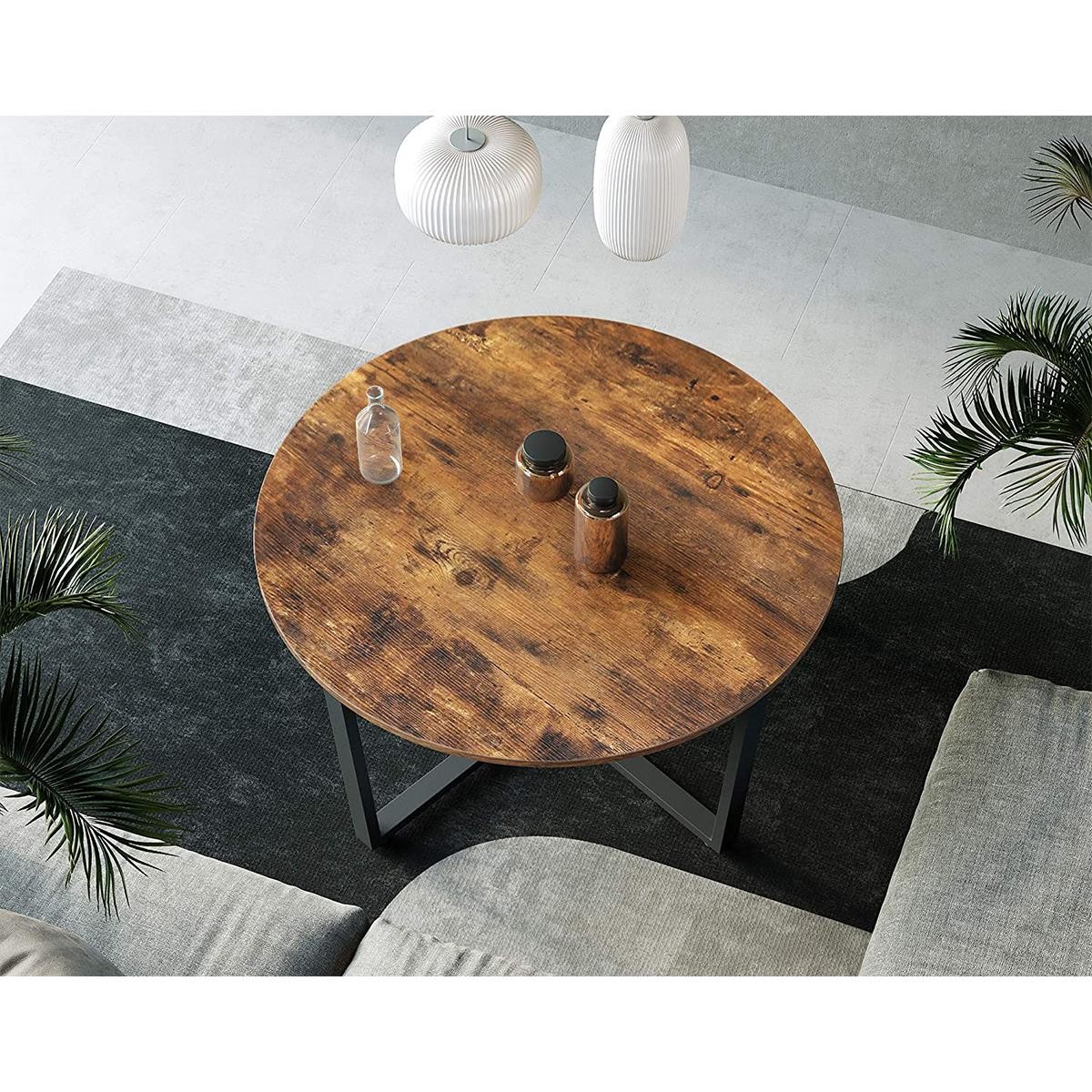 Mesa Auxiliar SALLY, 88x88x47 cm, en Metal y Madera, color Negro y Marrón Oscuro