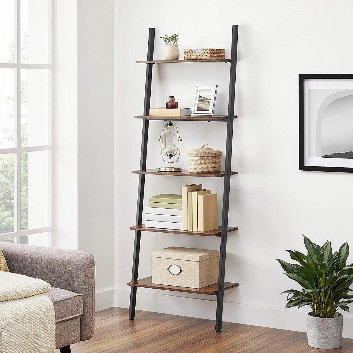Estantería NANCY, 64x34x186 cm, Diseño Moderno en Escalera, en Madera Marrón y Negro
