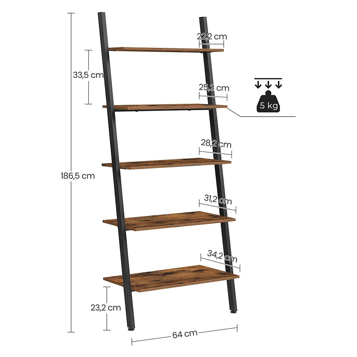 Estantería NANCY, 64x34x186 cm, Diseño Moderno en Escalera, en Madera Marrón y Negro