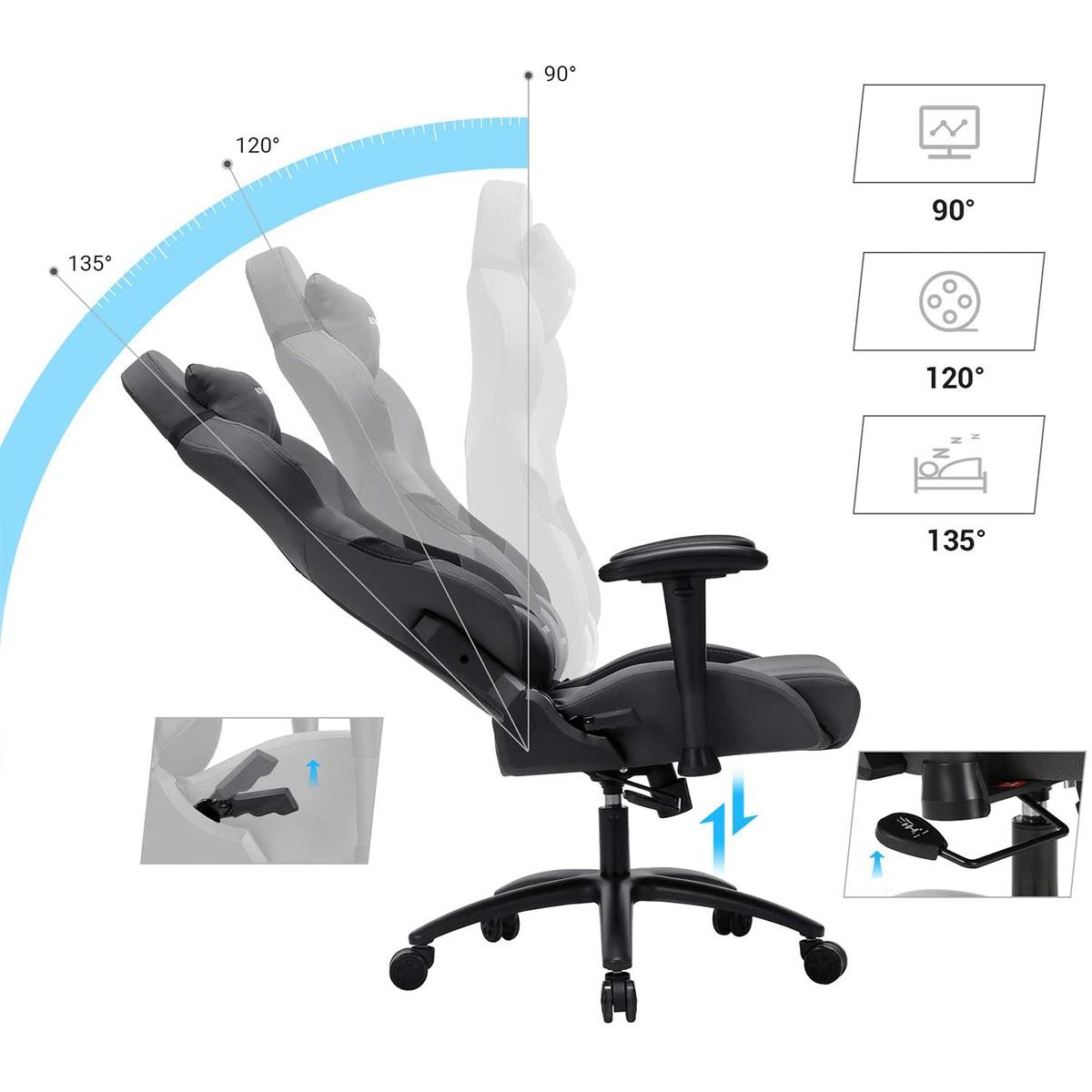 Silla Gaming SPYDER, Respaldo Reclinable, Cojines Lumbar y Cervical, en Tela color Gris y Negro