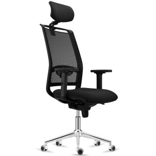 Silla Ergonómica NEPTUNO, Reposacabezas, Base Metálica, en Malla y Tela Negra