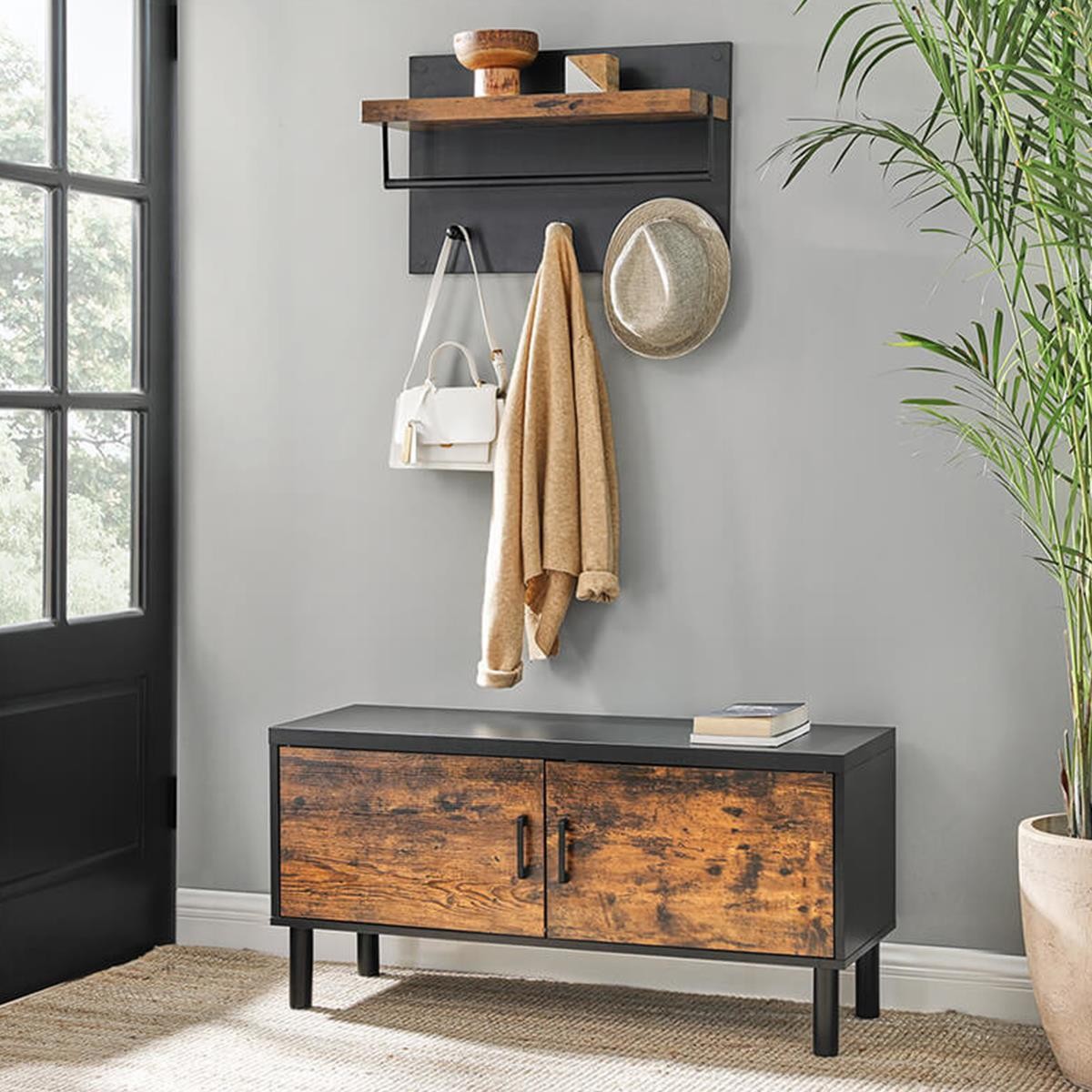 Armario MODERN, 100x35x38 cm, Diseño Moderno, en Metal y Madera, color Negro y Marrón Oscuro