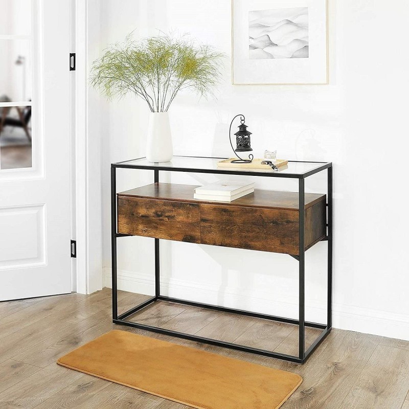 Mesa Consola VORTEX, Estilo Industrial, en Metal y Madera, color Negro y Marrón Oscuro