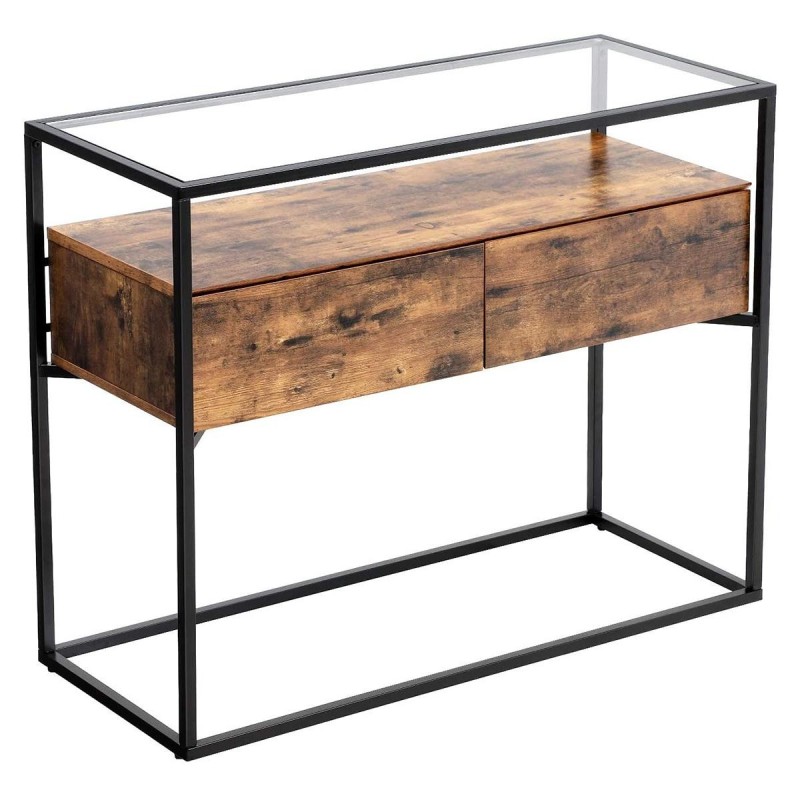 Mesa Consola VORTEX, Estilo Industrial, en Metal y Madera, color Negro y Marrón Oscuro