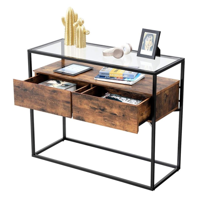 Mesa Consola VORTEX, Estilo Industrial, en Metal y Madera, color Negro y Marrón Oscuro