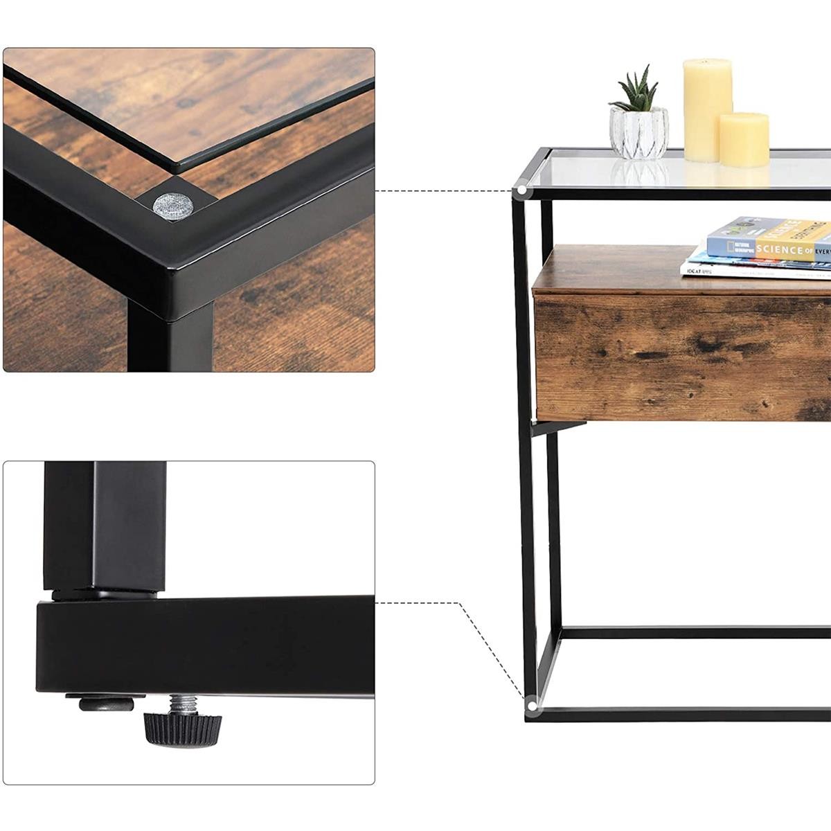 Mesa Consola VORTEX, 100x40x80 cm, Estilo Industrial, en Metal y Madera, color Negro y Marrón Oscuro