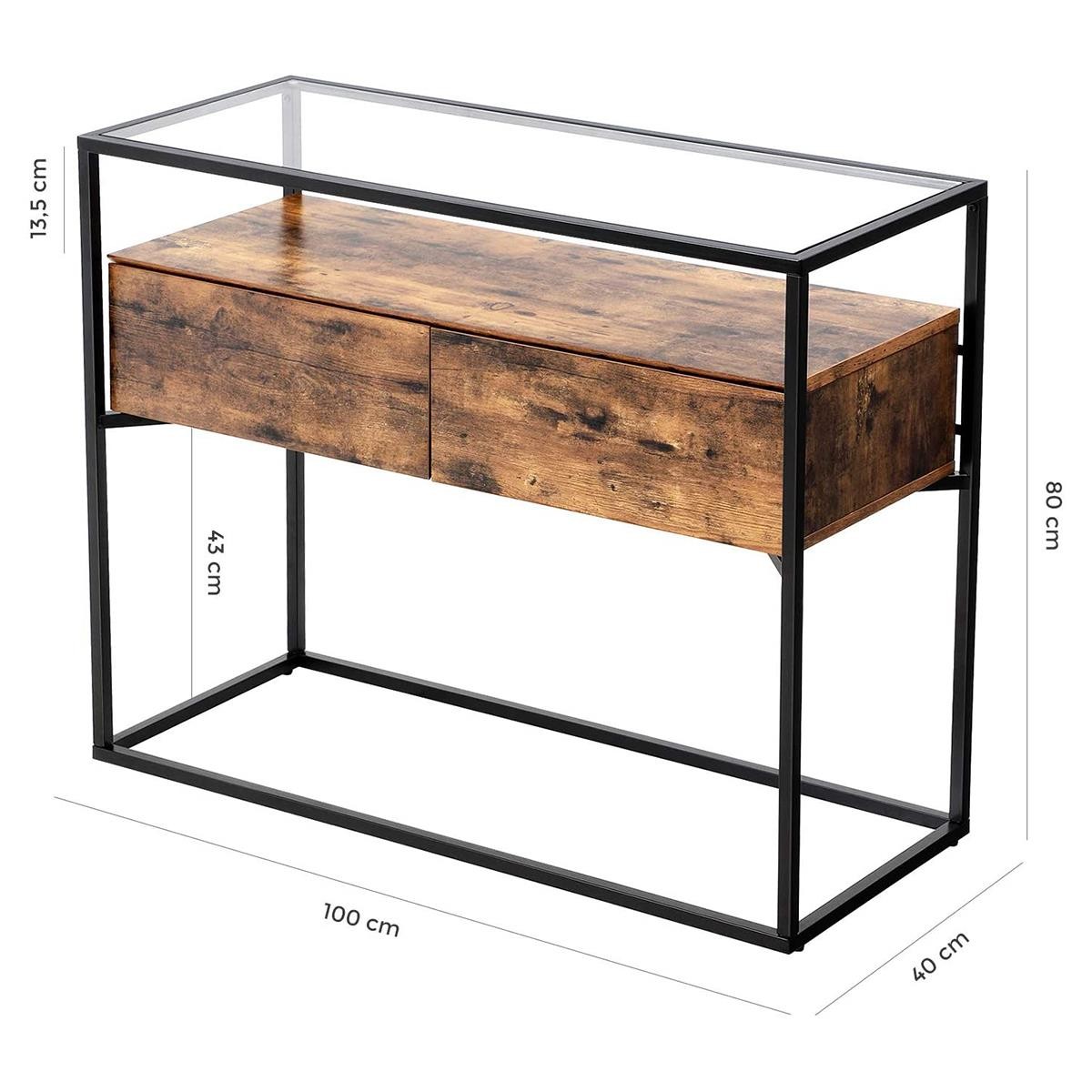 Mesa Consola VORTEX, 100x40x80 cm, Estilo Industrial, en Metal y Madera, color Negro y Marrón Oscuro