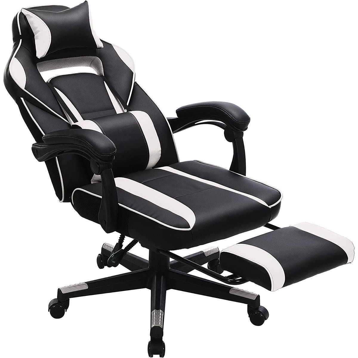 Silla Gaming ROBIN con Reposapiés, Cojines Lumbar y Cervical, en Piel Negra y Roja