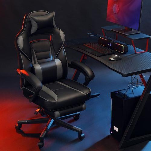 Silla Gaming ROBIN con Reposapiés, Cojines Lumbar y Cervical, en Piel Negra y Roja
