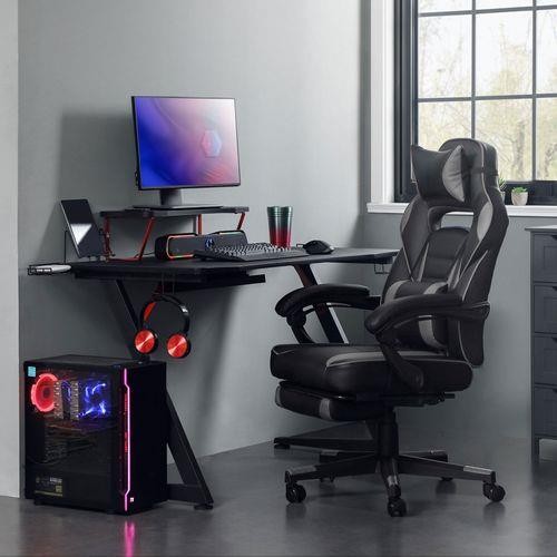 Silla Gaming ROBIN con Reposapiés, Cojines Lumbar y Cervical, en Piel Negra y Roja