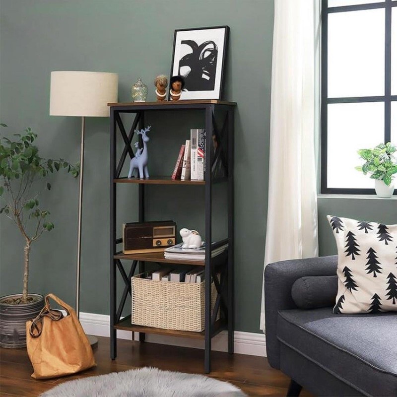 Estantería PARIS, Diseño moderno e industrial, en Metal y Madera, color Roble Oscuro