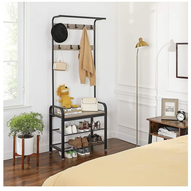 Perchero DOMINGO, con Estantes, en Metal y Madera, color Negro y Gris