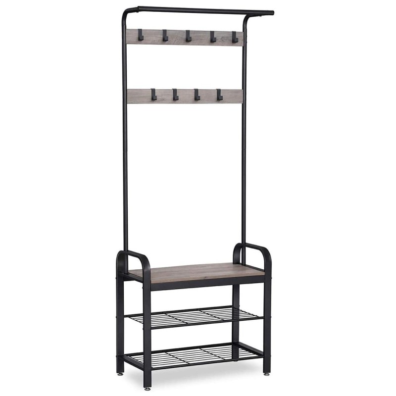 Perchero DOMINGO, con Estantes, en Metal y Madera, color Negro y Gris