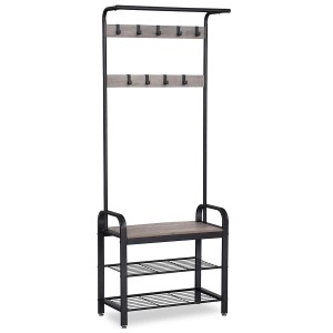Perchero DOMINGO, con Estantes, en Metal y Madera, color Negro y Gris
