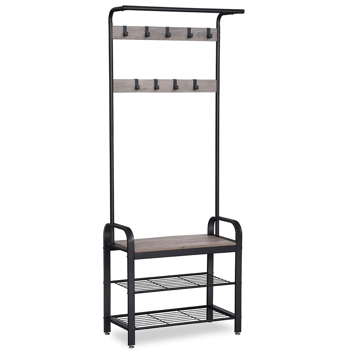 Perchero DOMINGO, 70x32x175 cm, con Estantes, en Metal y Madera, color Negro y Gris