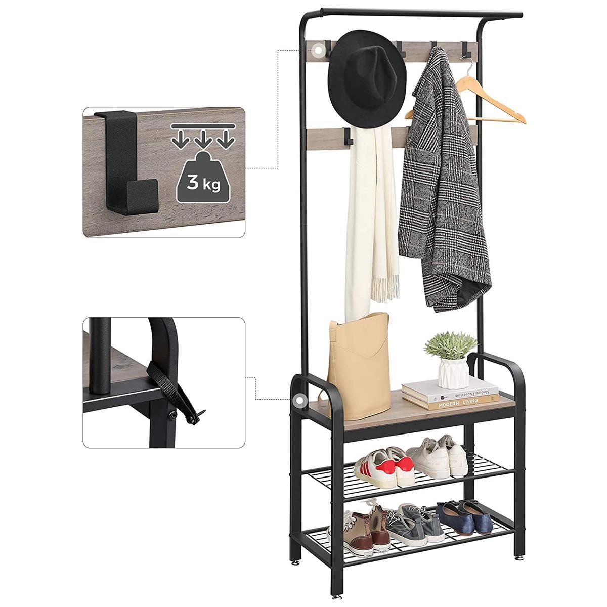 Perchero DOMINGO, 70x32x175 cm, con Estantes, en Metal y Madera, color Negro y Gris
