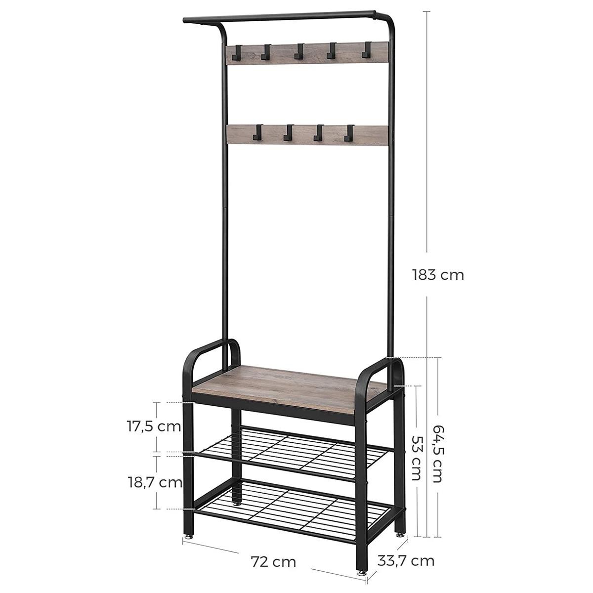 Perchero DOMINGO, 70x32x175 cm, con Estantes, en Metal y Madera, color Negro y Gris