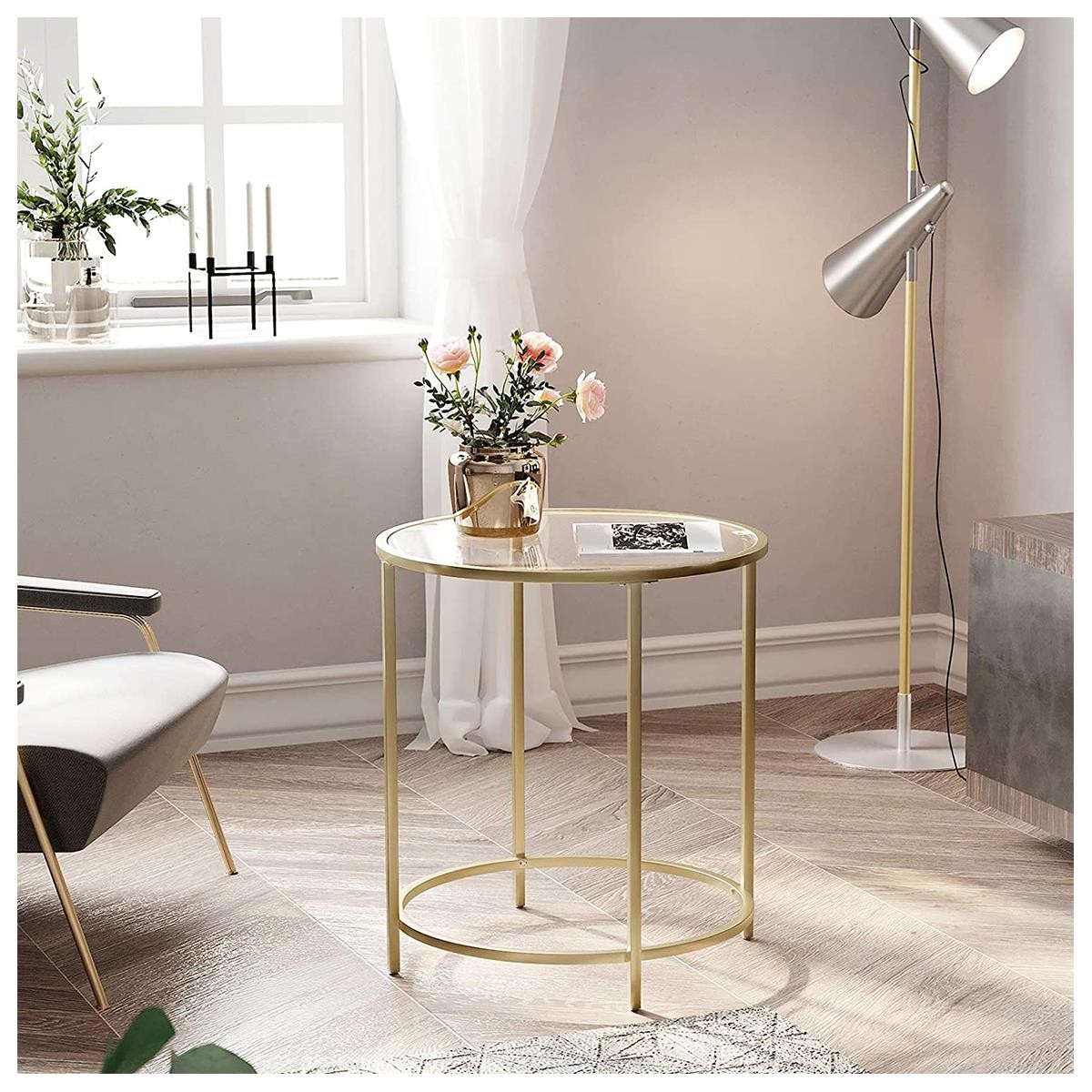 Mesa Auxiliar GOLD, Diseño Moderno, Estructura Metálica Dorada con Superficie de Cristal
