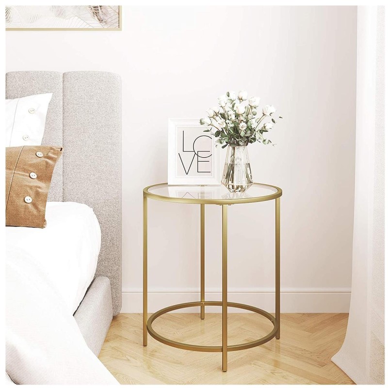Mesa Auxiliar GOLD, Estructura Metálica Dorada con Superficie de Cristall