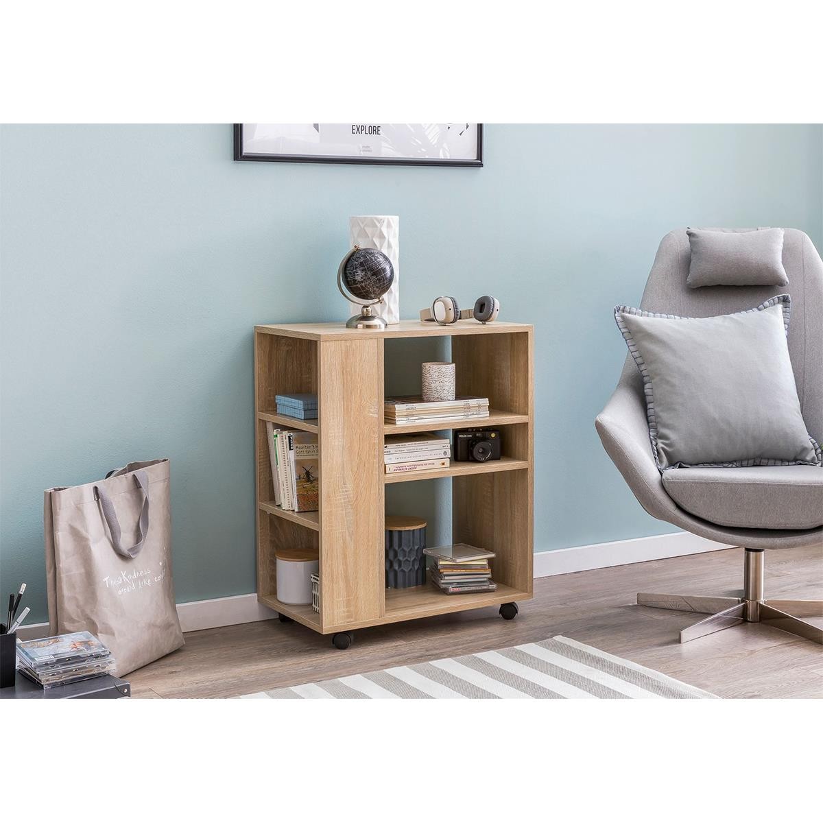 Armario Multiusos con ruedas DONDY, 60x35x75 cm, en Madera color Natural