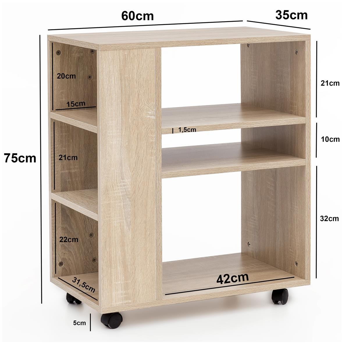 Armario Multiusos con ruedas DONDY, 60x35x75 cm, en Madera color Natural