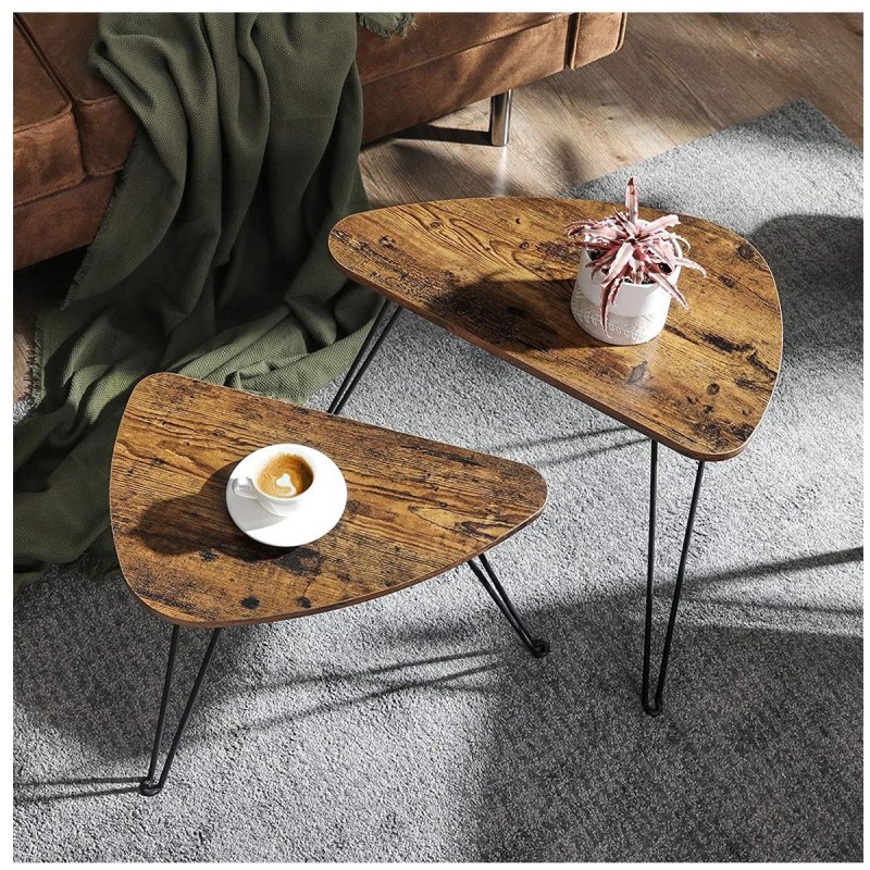 Conjunto de 2 Mesas Auxiliares KELSEA, en Metal y Madera, color Negro y Marrón Oscuro