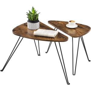 Conjunto de 2 Mesas Auxiliares KELSEA, en Metal y Madera, color Negro y Marrón Oscuro