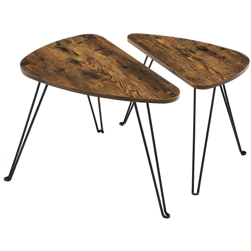 Conjunto de 2 Mesas Auxiliares KELSEA, en Metal y Madera, color Negro y Marrón Oscuro
