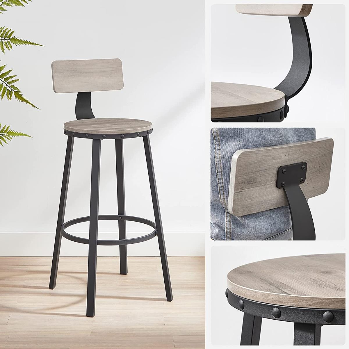 Set de 2 Taburetes KODI, Diseño Vintage, en Metal y Madera color Marrón Rústico