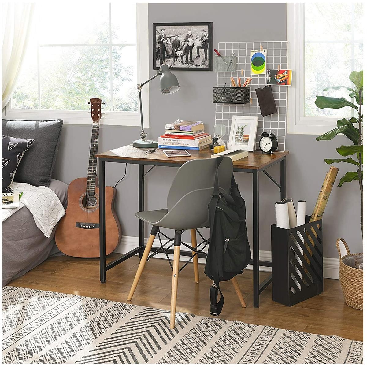 Mesa de Oficina EDENYA, 100x50x75 cm, en Metal y Madera, color Negro y Marrón Avellana
