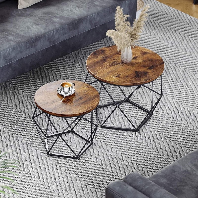 Conjunto de 2 Mesas Auxiliares RAIDEN, en Metal y Madera, color Negro y Marrón Oscuro