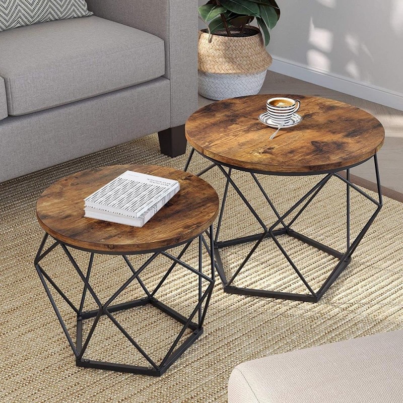 Conjunto de 2 Mesas Auxiliares RAIDEN, en Metal y Madera, color Negro y Marrón Oscuro