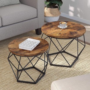 Conjunto de 2 Mesas Auxiliares RAIDEN, en Metal y Madera, color Negro y Marrón Oscuro
