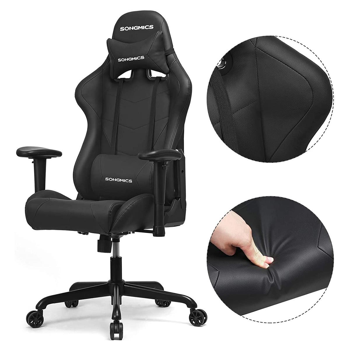 Silla Gaming KENDAL, Respaldo Reclinable, Cojines Lumbar y Cervical, en Piel color Negro