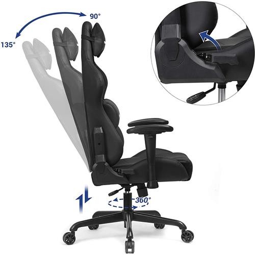 Silla Gaming KENDAL, Respaldo Reclinable, Cojines Lumbar y Cervical, en Piel color Negro