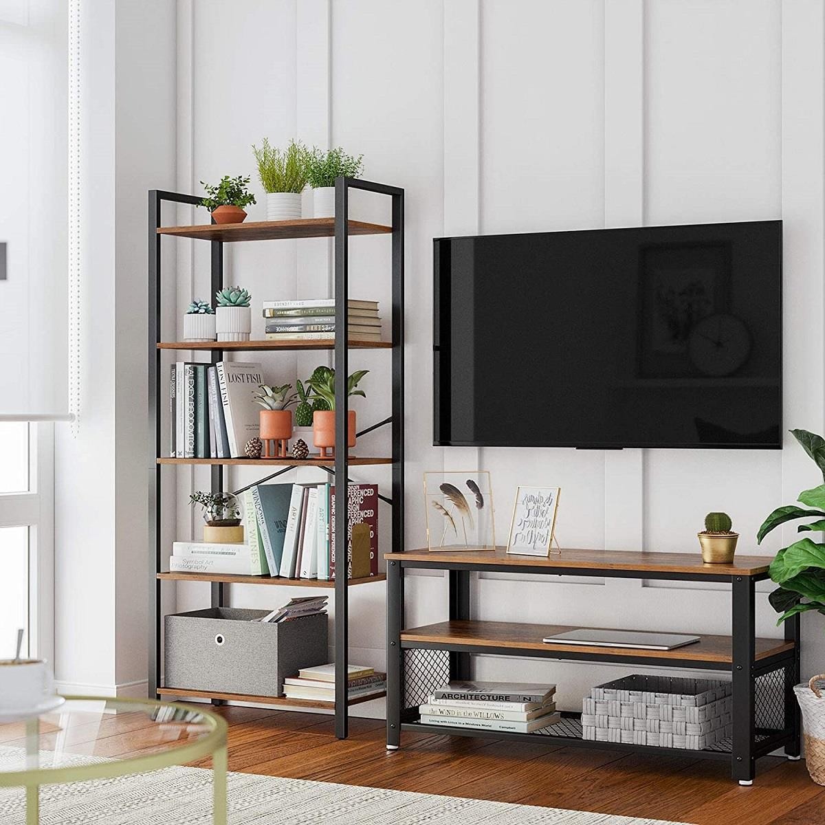 Estantería LYSA, 66x30x153 cm, Diseño Industrial, en Metal y Madera, color Roble Oscuro