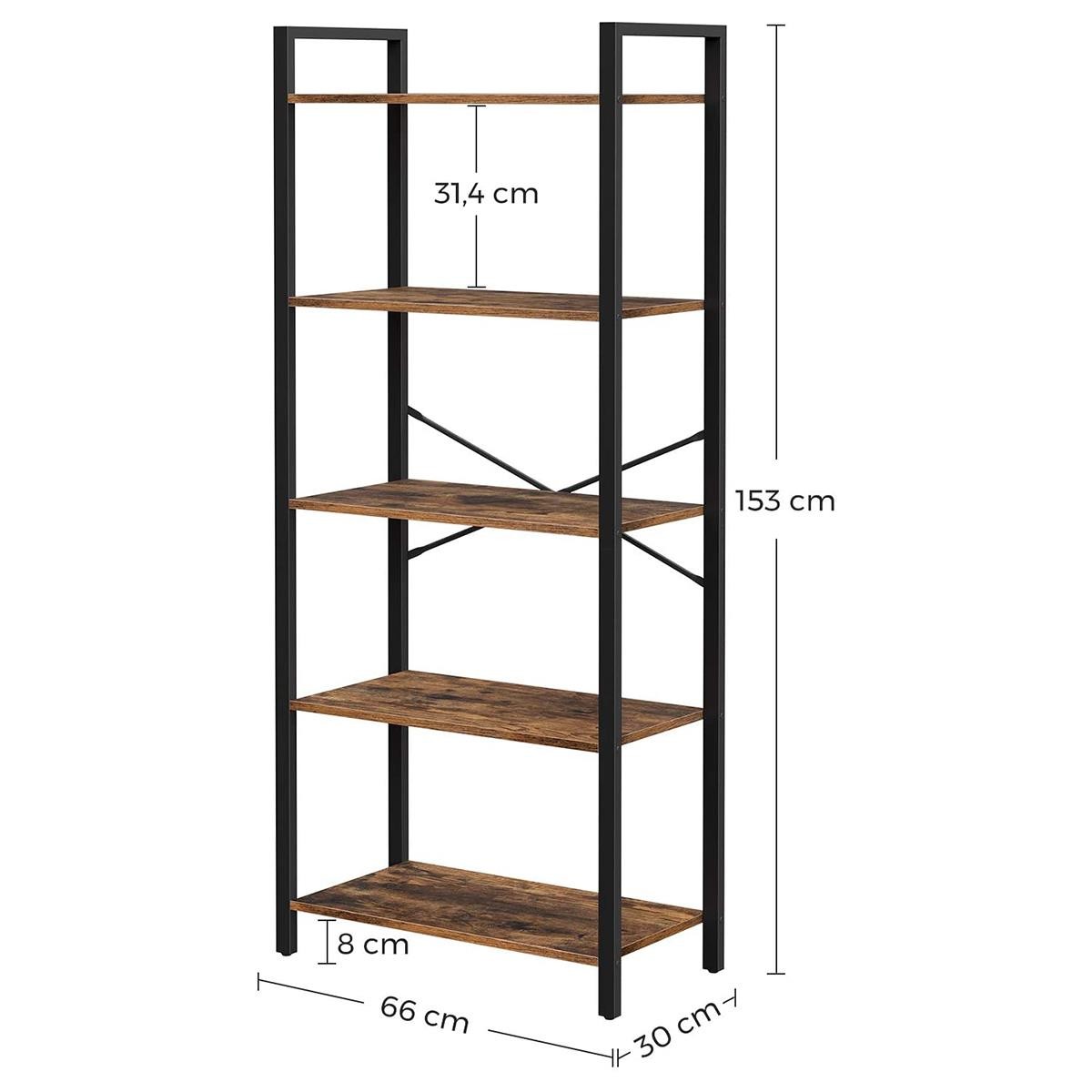 Estantería LYSA, 66x30x153 cm, Diseño Industrial, en Metal y Madera, color Roble Oscuro