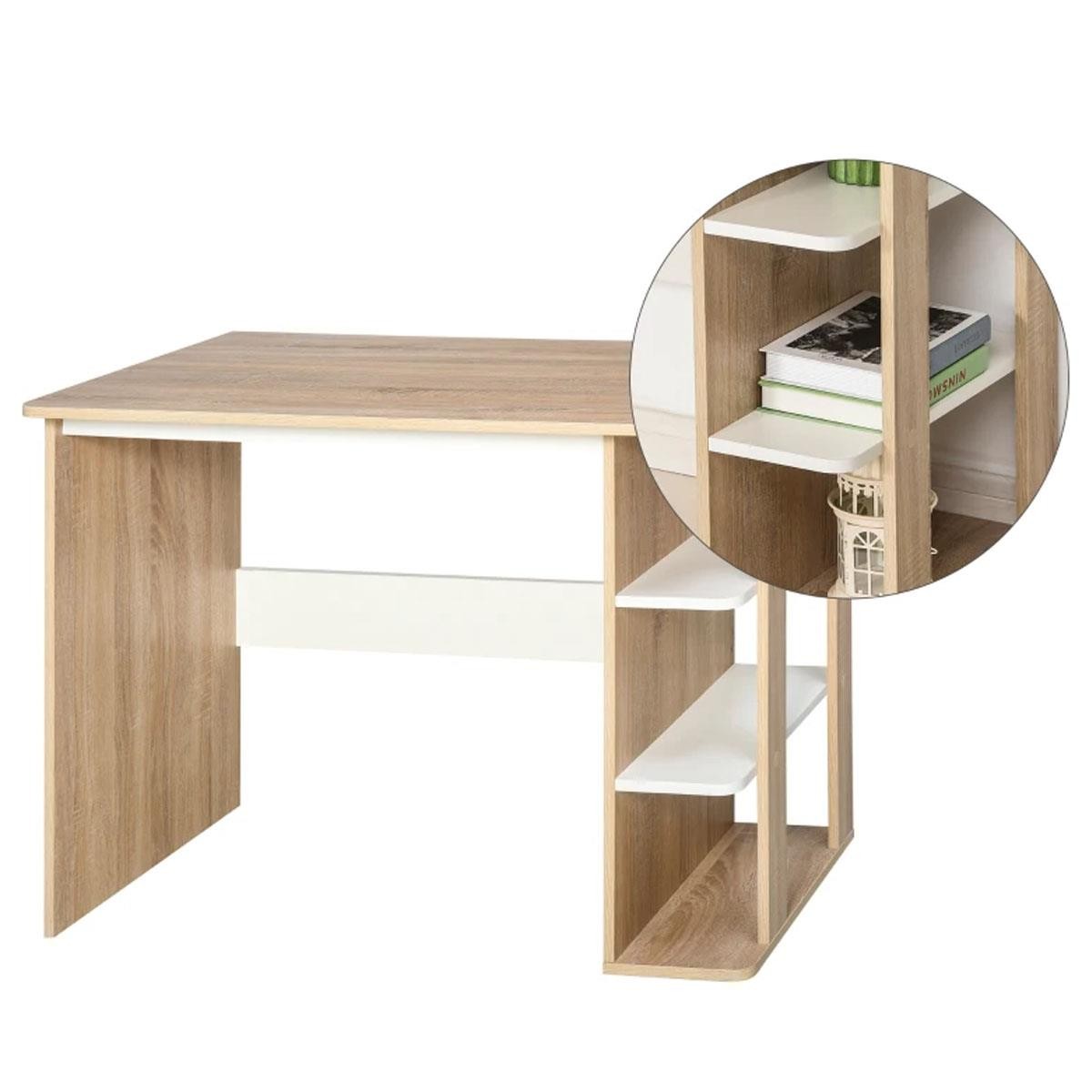 Mesa de Oficina NIZA, 100x55x74 cm, con Estantes, en Madera color Blanco y Roble