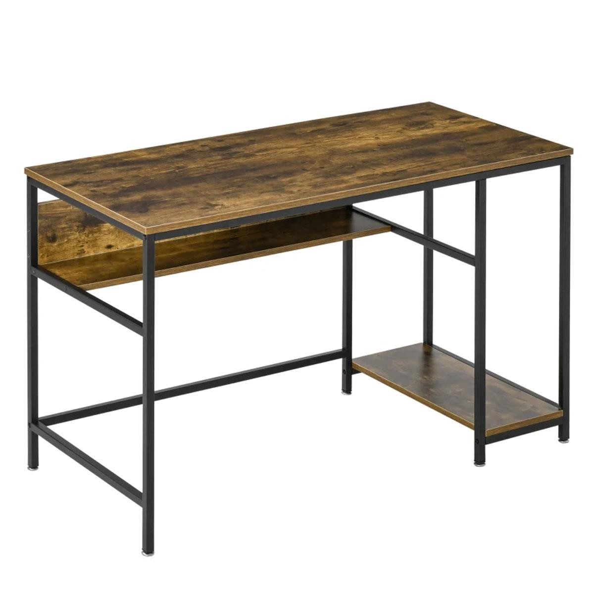 Mesa de Oficina BRETON, con Amplios Estantes, 120x60x75 cm, en Metal y Madera color Nogal