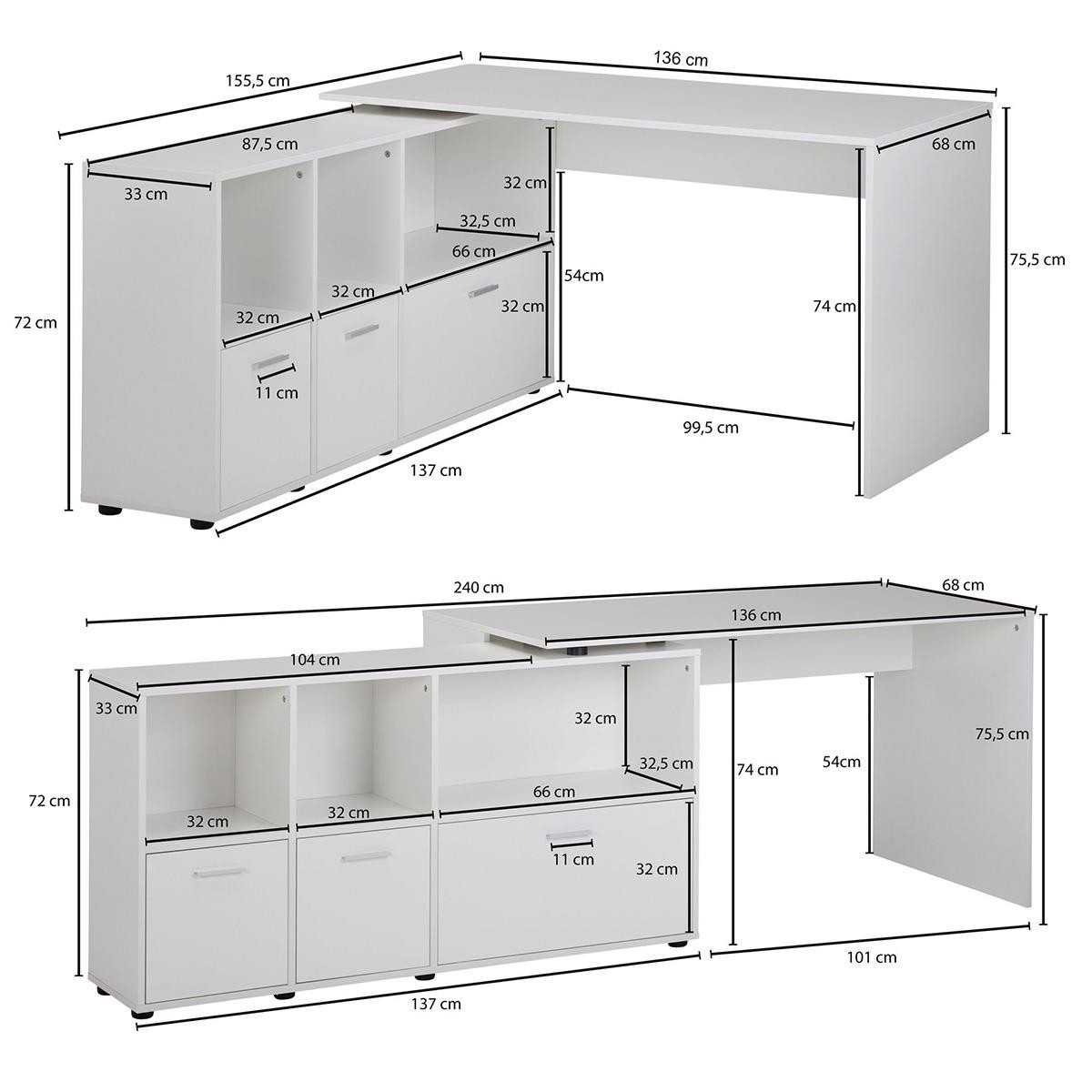 Mesa de Oficina MELINDA, con Estantes y Cajones, en Madera color Blanco