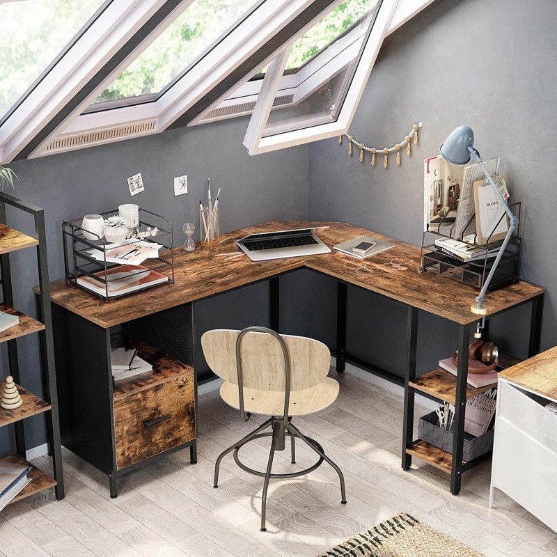Mesa de Oficina EXIM, en Metal y Madera, color Negro y Marrón Oscuro
