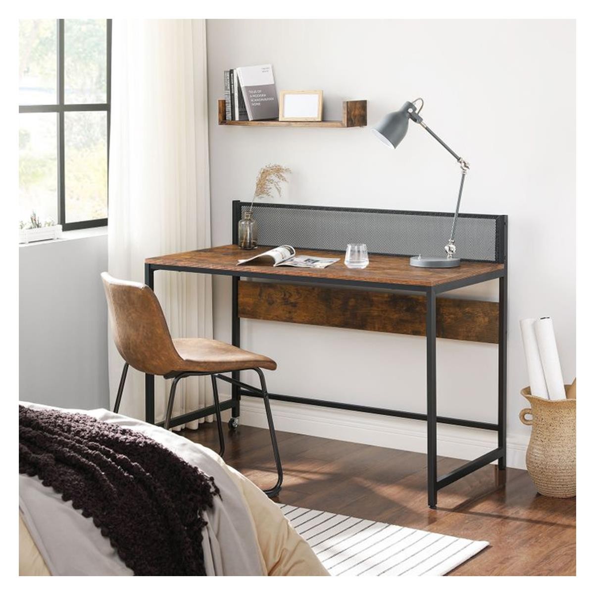 Mesa de Oficina MELTON, 120x60x93 cm, con Ruedas, en Metal y Madera, color Negro y Marrón Oscuro