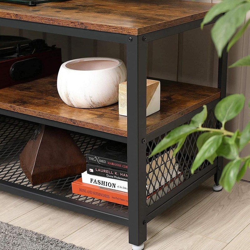 Estantería Baja KADEN, en Metal y Madera, color Negro y Marrón Oscuro