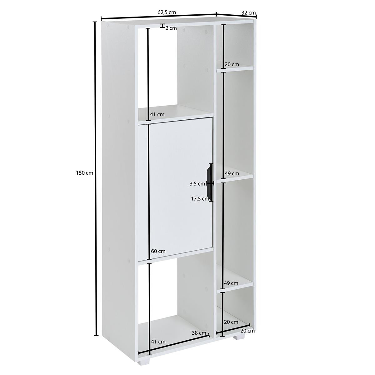 Estantería DREW, Dimensiones 62,5x32x150 cm, Estilo Moderno y Sofisticado, en Madera color Blanco