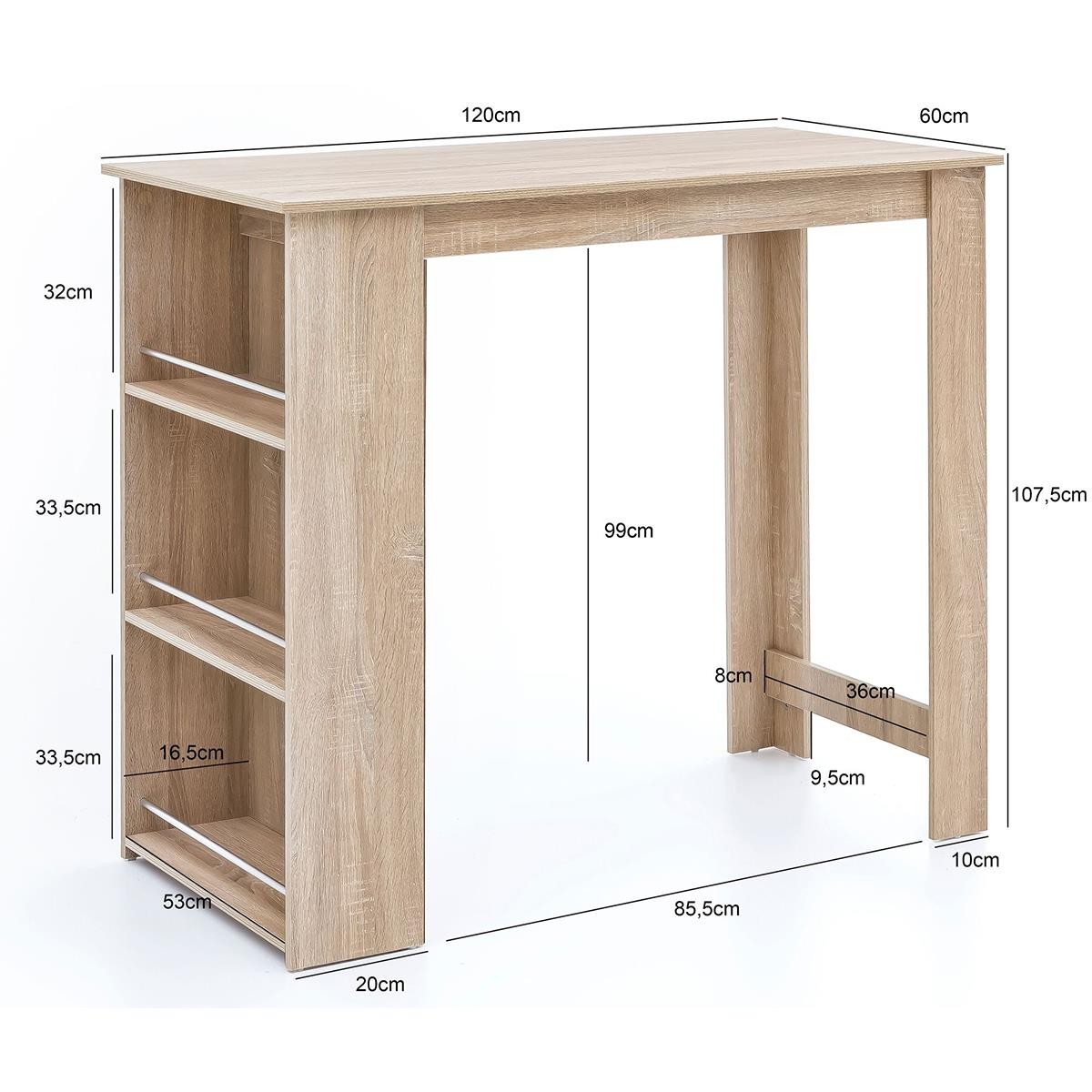 Mesa de Oficina YOLI, 120x60x107,5 cm, con Estantes, en Madera color Blanco